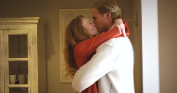 Love Home Couple Kissing While Hugging Spending Time Together Home — Vídeo de Stock