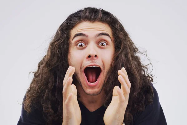 Awesome Studio Portrait Handsome Young Man Looking Surprised Grey Background — Stockfoto