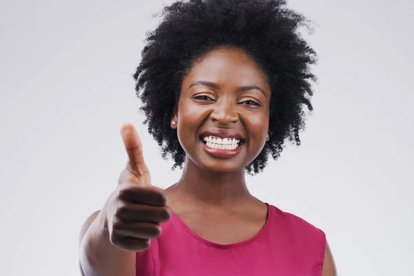 Nothing Positivity Studio Portrait Attractive Young Woman Giving Thumbs Grey — Fotografia de Stock