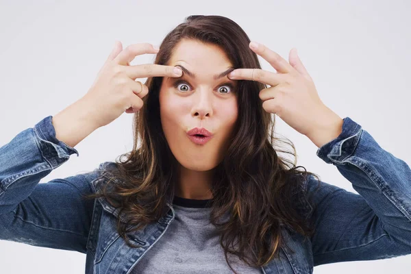What Having Facelift Feels Studio Shot Young Woman Making Funny — Foto de Stock