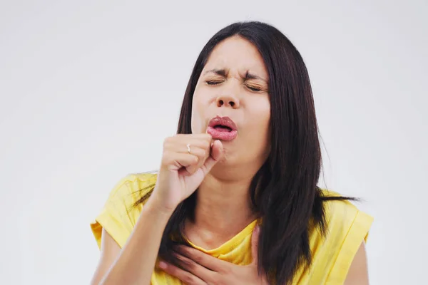Weather Studio Shot Attractive Young Woman Coughing Grey Background — Stock Photo, Image