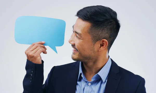 Hes Thinking Box Handsome Young Businessman Holding Speech Bubble Grey — Stockfoto