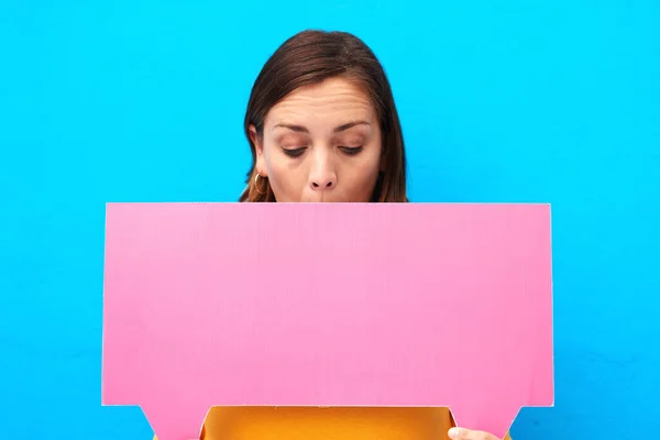 Comment Section Keeps Loading Young Woman Holding Speech Bubble Blue — Stock Fotó
