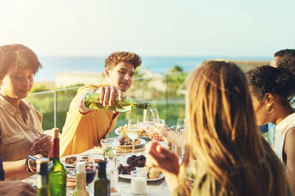 Fill Dont Shy Group Friends Enjoying Meal Drinks Together Table — Foto de Stock