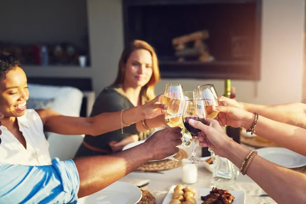 Cheers Many More Years Friendship Group Friends Raising Glasses Toast — Foto Stock
