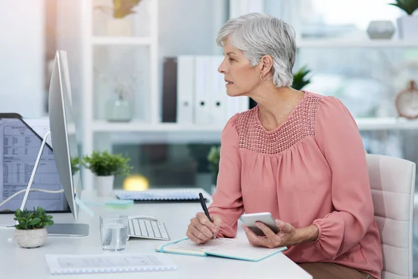Multitasking Saves You Lot Time Office Mature Woman Working Her — Stock Photo, Image