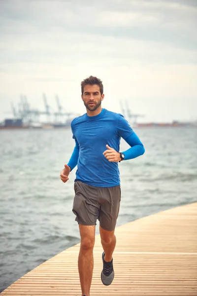 Out Something Rewarding Sporty Middle Aged Man Out Running Seaside — Foto de Stock