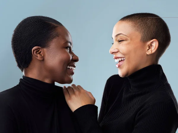 Our Humor Same Studio Shot Two Beautiful Young Women Holding — Stockfoto