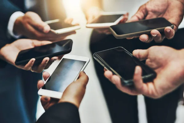 Lets Have Chat Group Unrecognizable Businesspeople Texting Phones Work — Fotografia de Stock