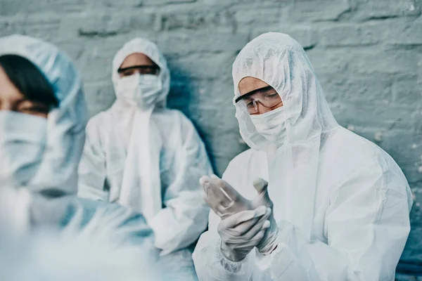 Covid Pandemic Team Healthcare Workers Wearing Protective Ppe Prevent Virus — 图库照片