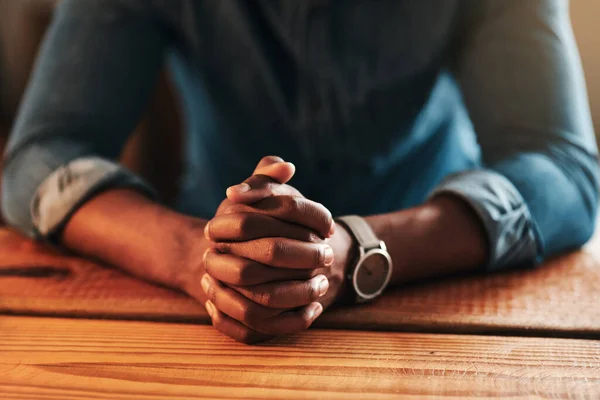 Quiet Calm Spiritual Man Praying While Sitting His Hands Folded — Fotografie, imagine de stoc