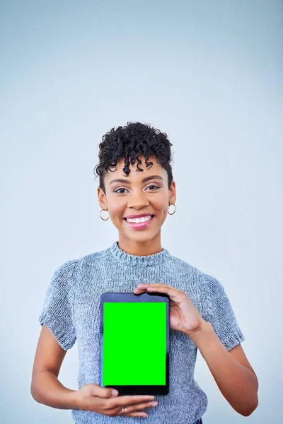 Our New Way Communicating Portrait Attractive Young Woman Holding Digital — Stockfoto