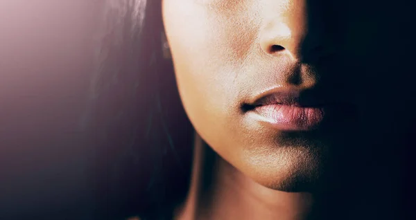 Enough Talking Closeup Shot Young Womans Beautiful Lips Dark Background — Fotografia de Stock