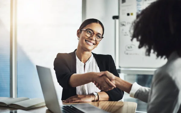 Glad Able Assist Two Businesswomen Shaking Hands Office — Stockfoto
