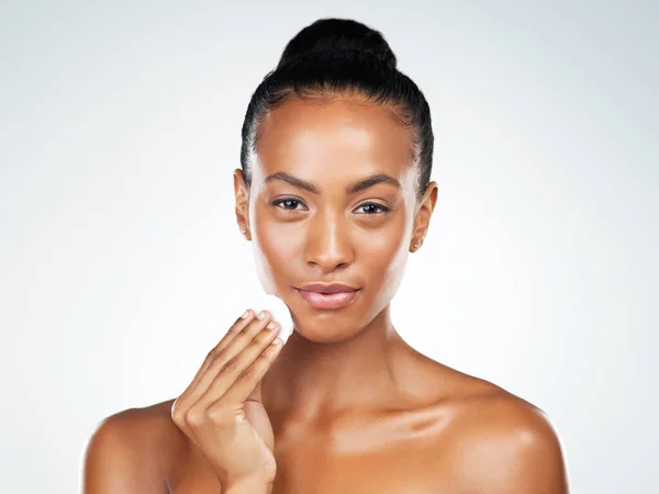 Her Skin Has Imperfection Studio Portrait Attractive Young Woman Wiping — Fotografia de Stock