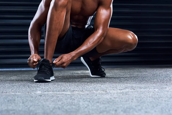 Stay Active Unrecognizable Man Tying His Shoelaces Middle His Exercise — Zdjęcie stockowe