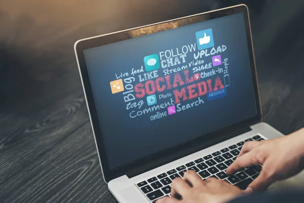 Social Media Browsing Online Streaming Internet Content Laptop Hands Typing —  Fotos de Stock