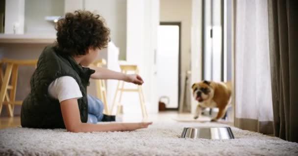 Young Boy Call Family Dog Lunch Snack His Food Bowl — 图库视频影像