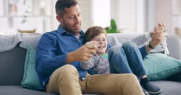 Father Son Bonding Playing Having Fun While Sitting Couch Together — Vídeos de Stock