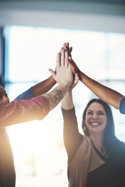 High Five Business Woman Office Team Celebrating Team Work Success — Stock Photo, Image