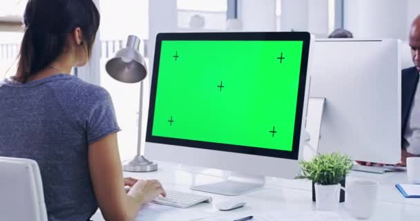 Business Woman Typing Cgi Green Screen Computer Monitor Working Modern — Stock videók