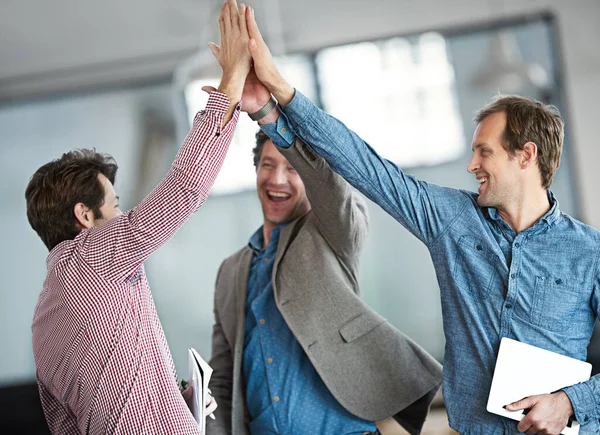 Excited Cheerful Happy Group Male Business People High Fiving Motivation — Stok fotoğraf