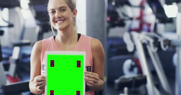 Green Screen Copyspace Chromakey Tablet Tracking Markers Hands Personal Fitness — Stockvideo