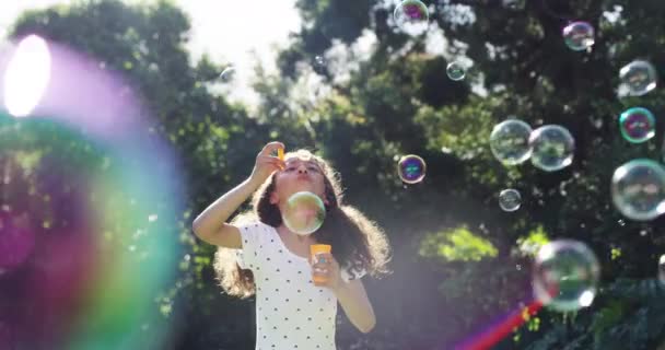 Fun Carefree Playful Girl Blowing Bubbles Summer Garden Little Child — Video Stock