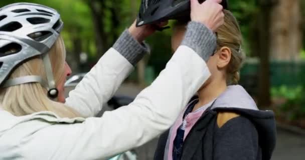 Family Safety Protection While Mother Daughter Put Helmets Getting Ready — 图库视频影像