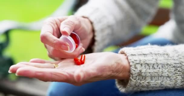 Senior Hands Taking Medicine Pills Drugs Illness Disease While Treatment — Stockvideo