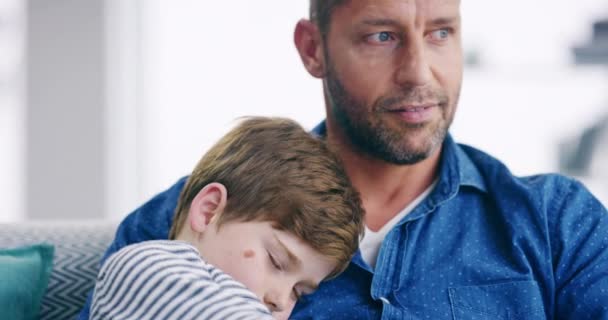 Happy Loving Caring Father Holding His Son Sleeps His Arms — Vídeo de Stock