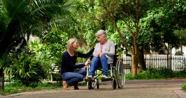 Loving Daughter Her Senior Mother Wheelchair Having Conversation While Relaxing — 图库视频影像