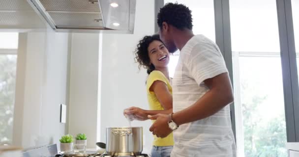 Happy Black Couple Having Fun Cooking Kitchen Home Laughing Bonding — Wideo stockowe