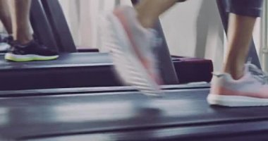 Health, gym and feet of a fitness group walking and doing a cardio workout on a treadmill at the gym. Closeup of athletic, fit and sporty people being active and training together at a health club.