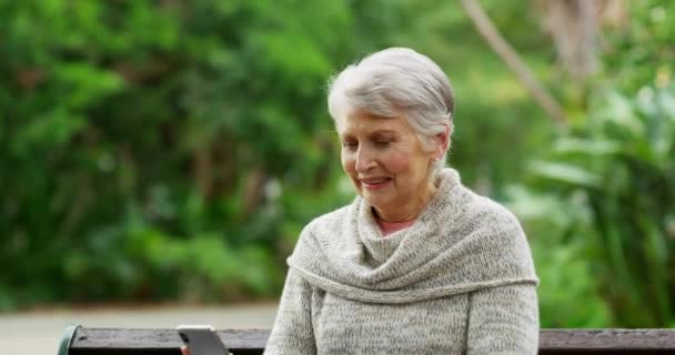 Selfie Relaxed Senior Woman Holding Phone While Sitting Park Bench — Stockvideo