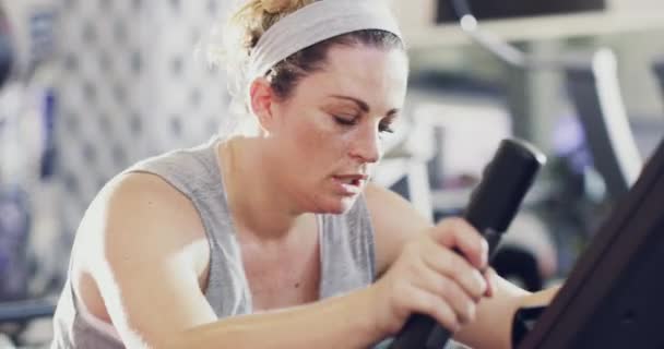 Real Tired Sporty Woman Sweating Gym While Cycling Exercise Bike — Stockvideo