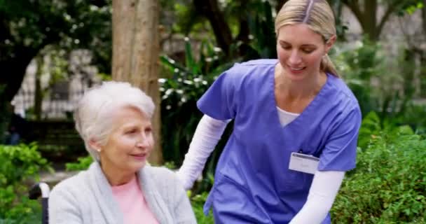 Friendly Caring Nurse Assisting Senior Woman Wheelchair Outdoors Park Nursing — Stockvideo