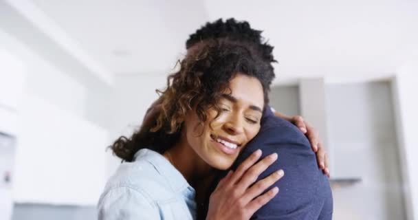 Couple Hugging Being Affectionate Greeting Embracing Home Sweet Reunion Romantic — Stok video