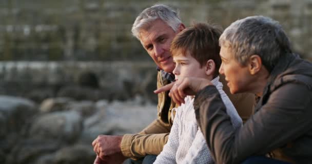 Boy Bonding Sitting His Grandparents Beach While Discussing What See — Vídeo de Stock