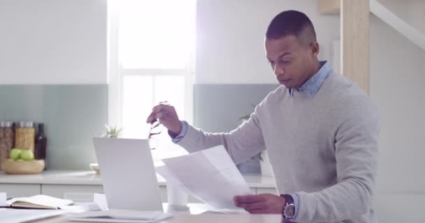 Businessman Sitting Kitchen Reading Paperwork Going Report Checking Document While — Vídeo de Stock