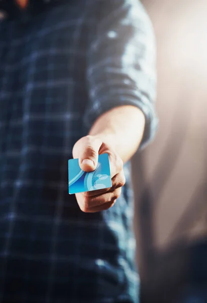 Male Customer Holding His Credit Card His Hand Complete Pay — Photo