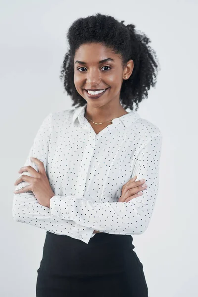 Exceed Your Own Expectations Studio Shot Confident Young Businesswoman Gray — Fotografia de Stock