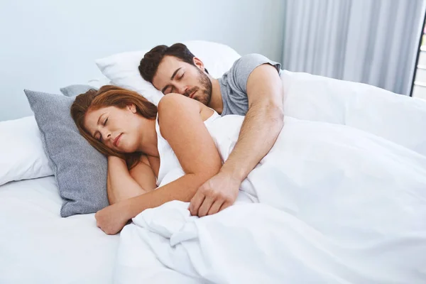 Wrapped Comfortably Love Couple Sleeping Bed Together Home — Stock Photo, Image