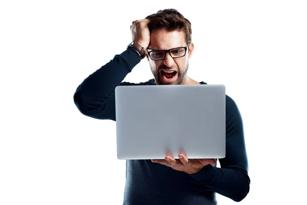 Driving Insane Studio Shot Handsome Young Man Using Laptop Looking — Fotografia de Stock