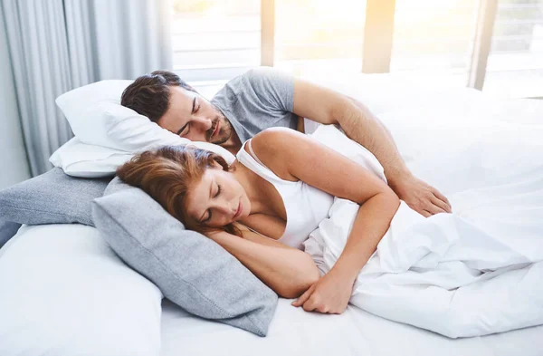 Theyll Dreaming Each Other Couple Sleeping Bed Together Home — Stock Photo, Image