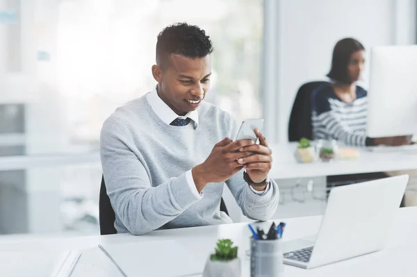 Everything Finally Starts Add Young Businessman Using His Cellphone His — Foto Stock