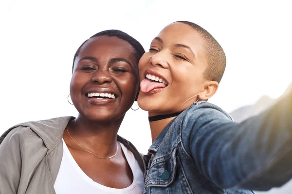 Girls Just Want Have Fun Portrait Two Young Women Smiling — Fotografia de Stock