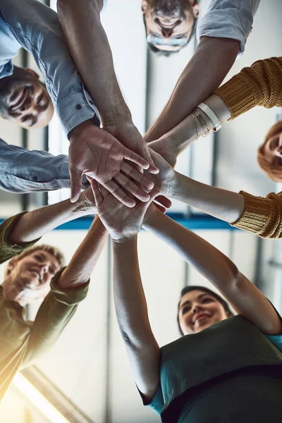 Winning Celebrating Successful Business People Stack Hands Office Team Building — Stockfoto