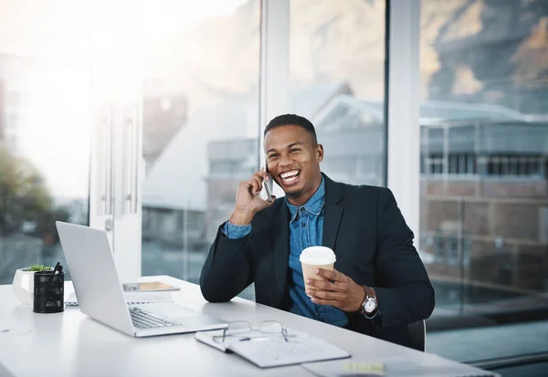 Opportunity Calls Answers Keenly Handsome Young Businessman Talking Cellphone While — Stock fotografie