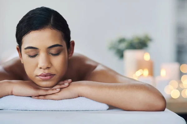 Drifting Sleep Relaxed Cheerful Young Woman Getting Massage Indoors Spa — Zdjęcie stockowe